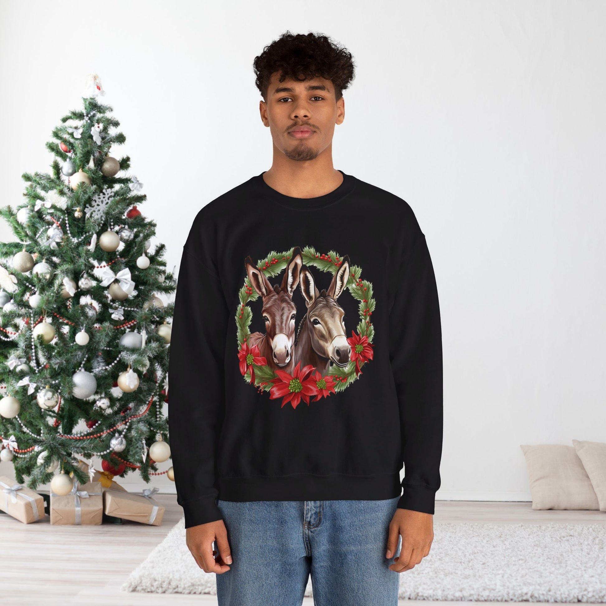 Cute Donkey Christmas Sweatshirt, Horse Lovers Holiday Shirt, Funny Christmas Sweater for Donkey Lovers - FlooredByArt