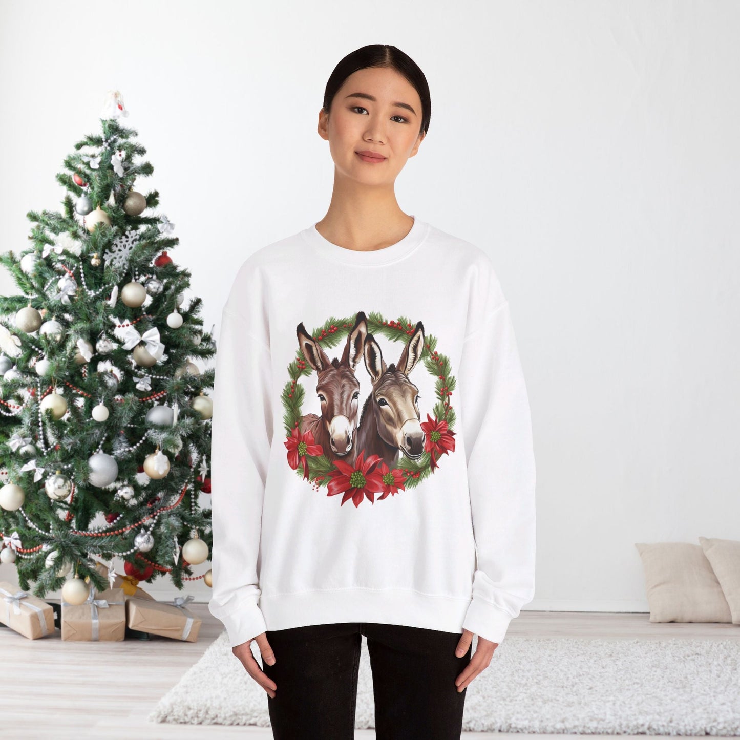 Cute Donkey Christmas Sweatshirt, Horse Lovers Holiday Shirt, Funny Christmas Sweater for Donkey Lovers - FlooredByArt