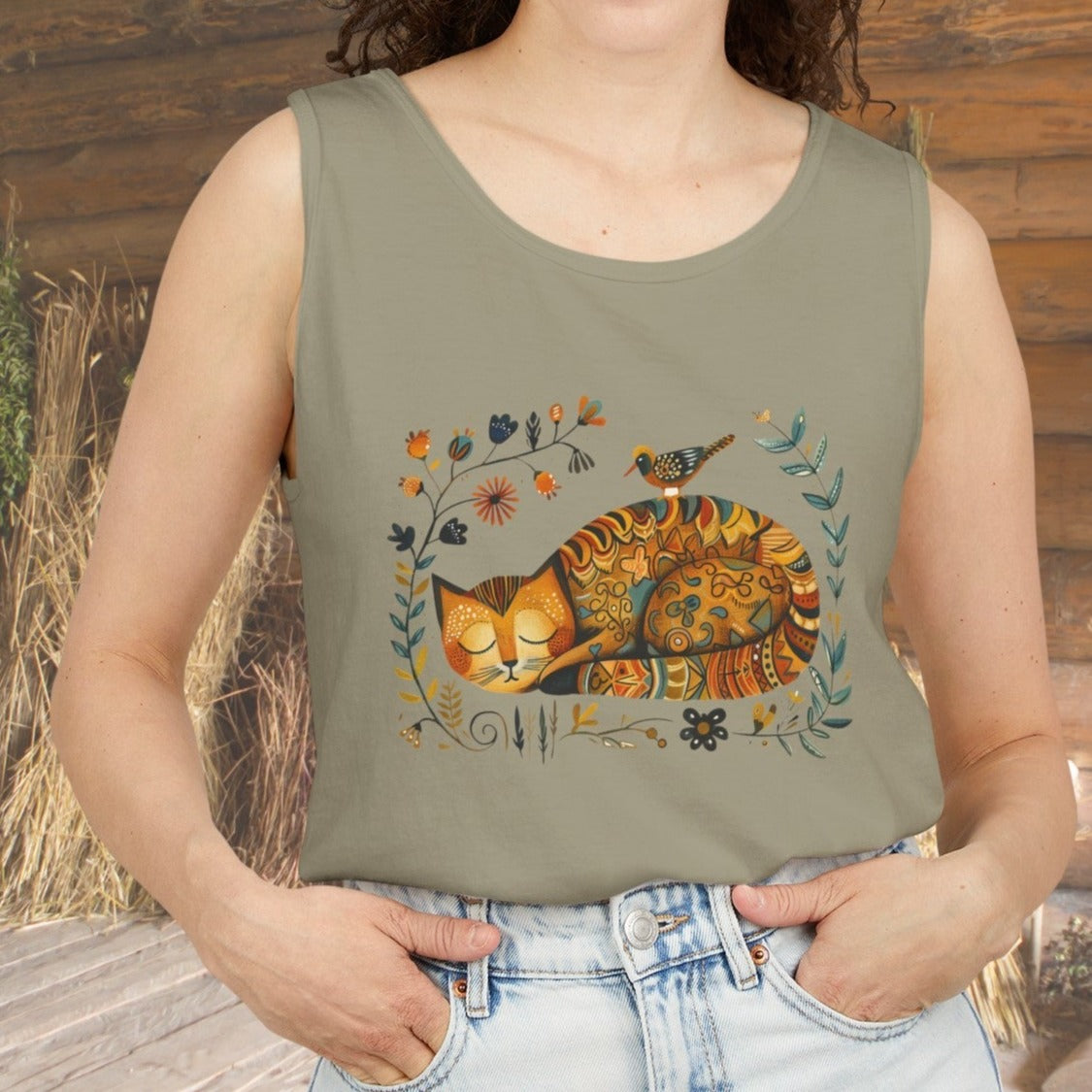 Cute Folk Art Cat & Bird Tank Top Shirt, Comfort Colors Folk Art Scandi Art Tank Top, Cat Lovers - FlooredByArt