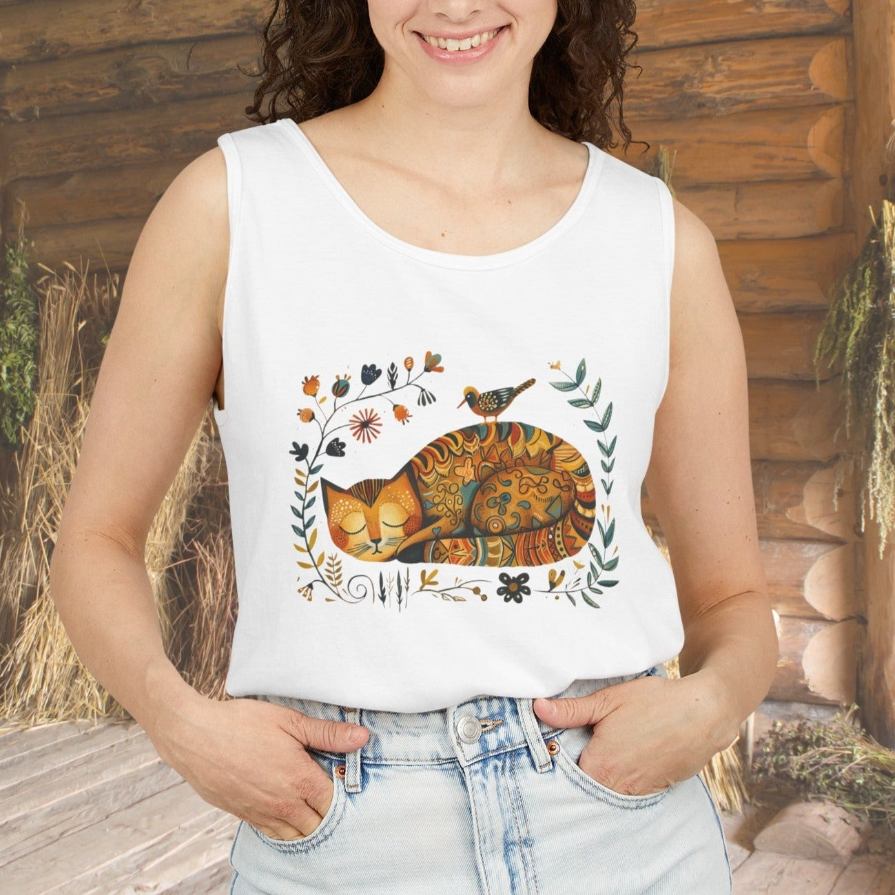 Cute Folk Art Cat & Bird Tank Top Shirt, Comfort Colors Folk Art Scandi Art Tank Top, Cat Lovers - FlooredByArt