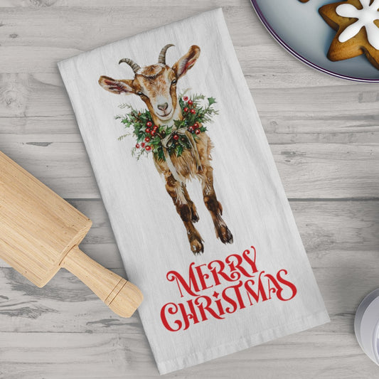 Cute Goat Merry Christmas Kitchen Towels, Brown Farm Goat Christmas Decor Tea Towels - FlooredByArt