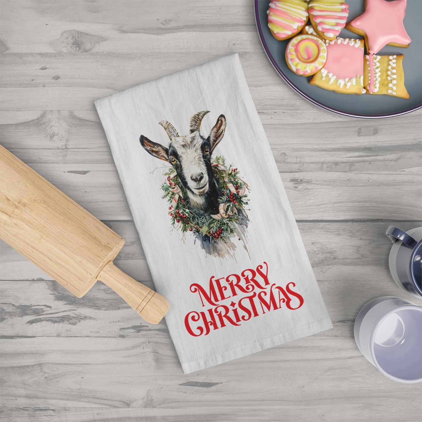 Cute Holiday Goat Kitchen Tea Towel, Black & White Baby Goat Christmas Decor Tea Towels - FlooredByArt