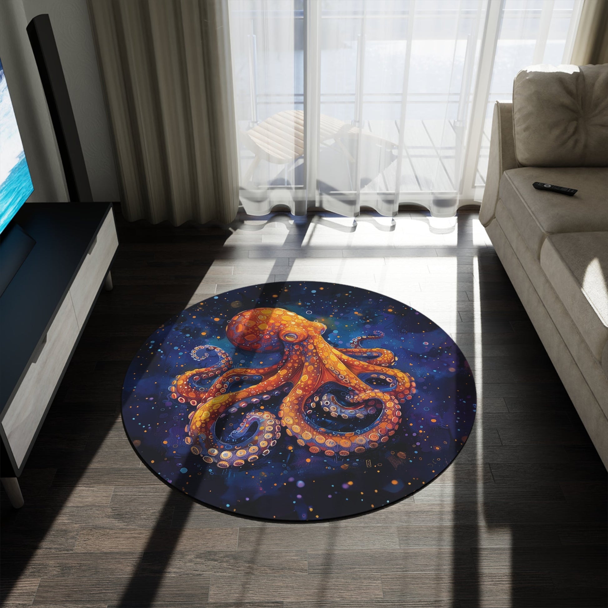 Cute Octopus Rug, Cheerful Ocean Art Boho 60" Round Accent Rug, Decorative Room Carpet - FlooredByArt