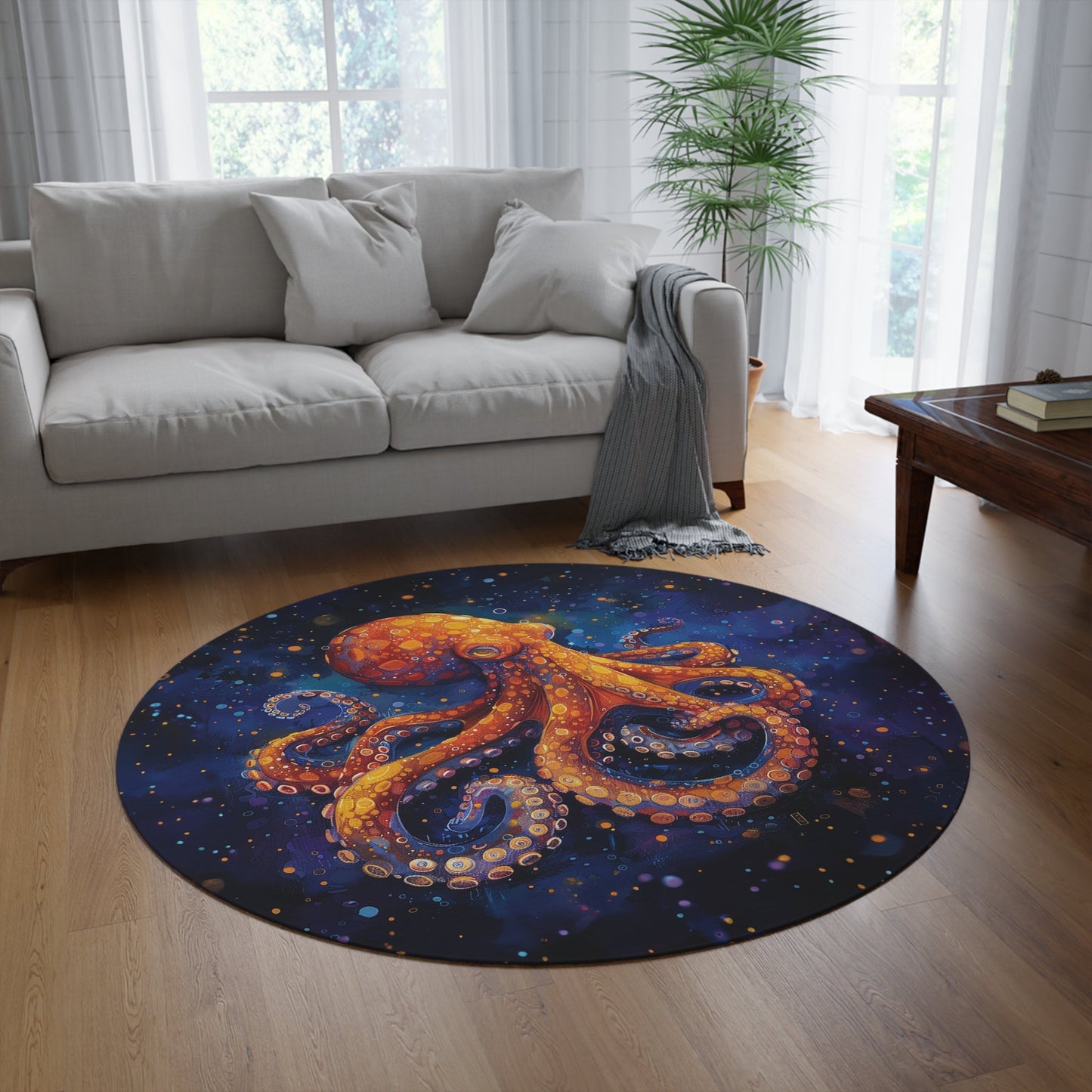 Cute Octopus Rug, Cheerful Ocean Art Boho 60" Round Accent Rug, Decorative Room Carpet - FlooredByArt