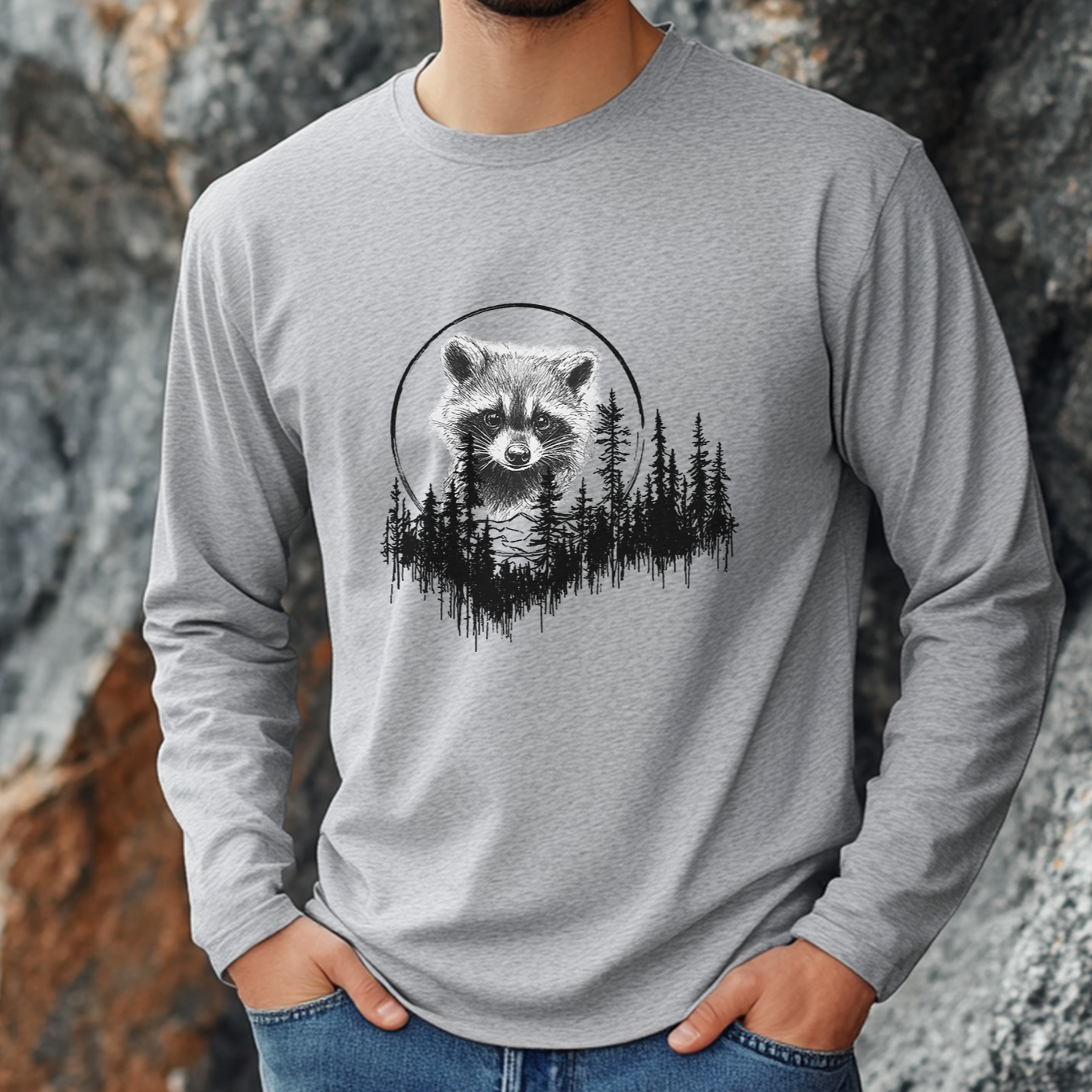Cute Pen and Ink Raccoon Unisex Long Sleeve Tee - Perfect for Outdoors Men and Hikers - FlooredByArt