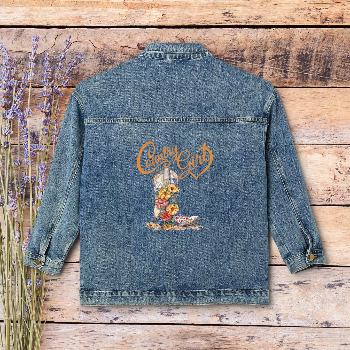 Cute Women's Blue Jean Jacket, Country Girl Cowgirl Floral Cowgirl Boot - FlooredByArt