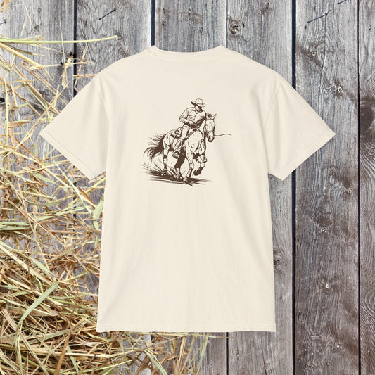 Cutting Horse Pocket T-Shirt – Comfort Colors Cowboy Rancher Art Tee - FlooredByArt