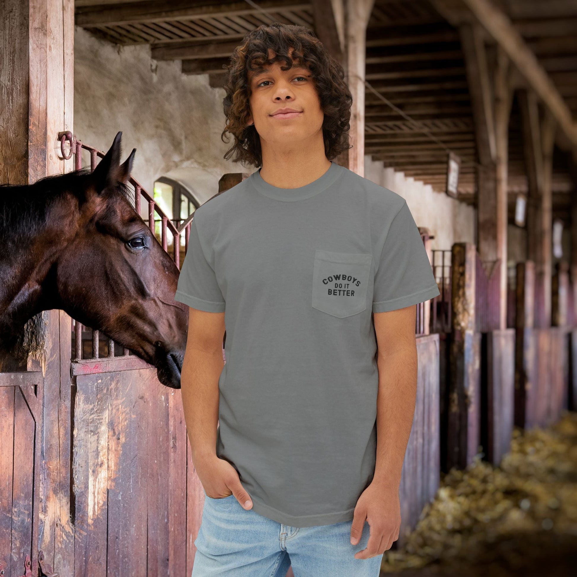 Cutting Horse Pocket T-Shirt – Comfort Colors Cowboy Rancher Art Tee - FlooredByArt