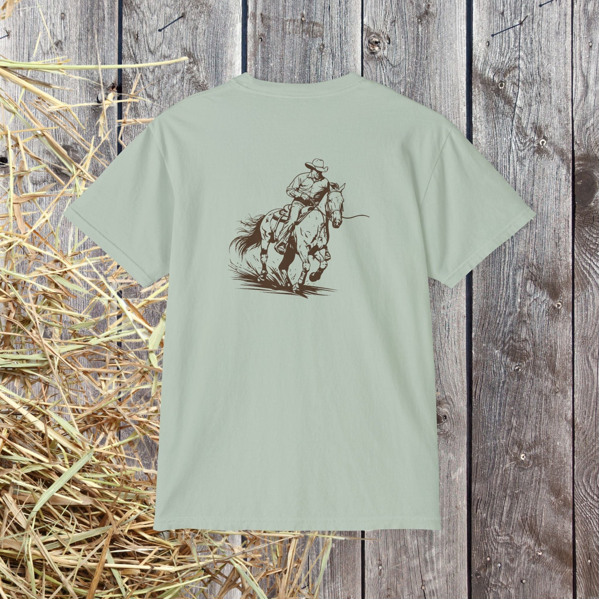 Cutting Horse Pocket T-Shirt – Comfort Colors Cowboy Rancher Art Tee - FlooredByArt