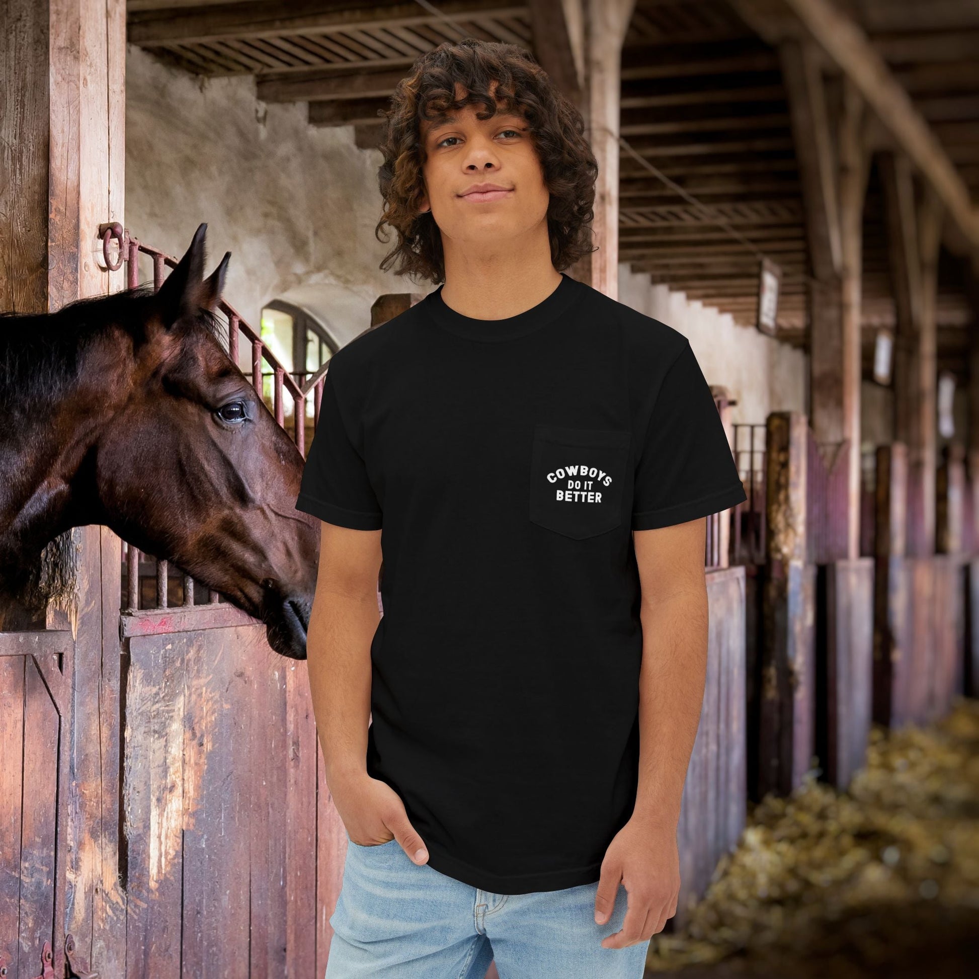 Cutting Horse Pocket T-Shirt – Comfort Colors Cowboy Rancher Art Tee - FlooredByArt