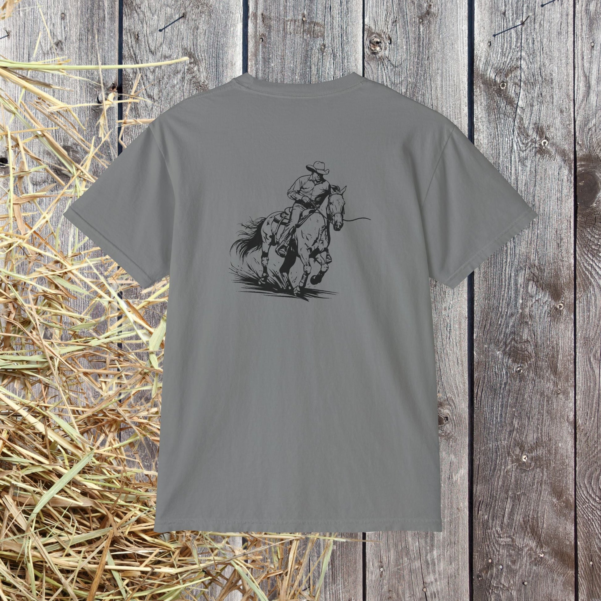 Cutting Horse Pocket T-Shirt – Comfort Colors Cowboy Rancher Art Tee - FlooredByArt