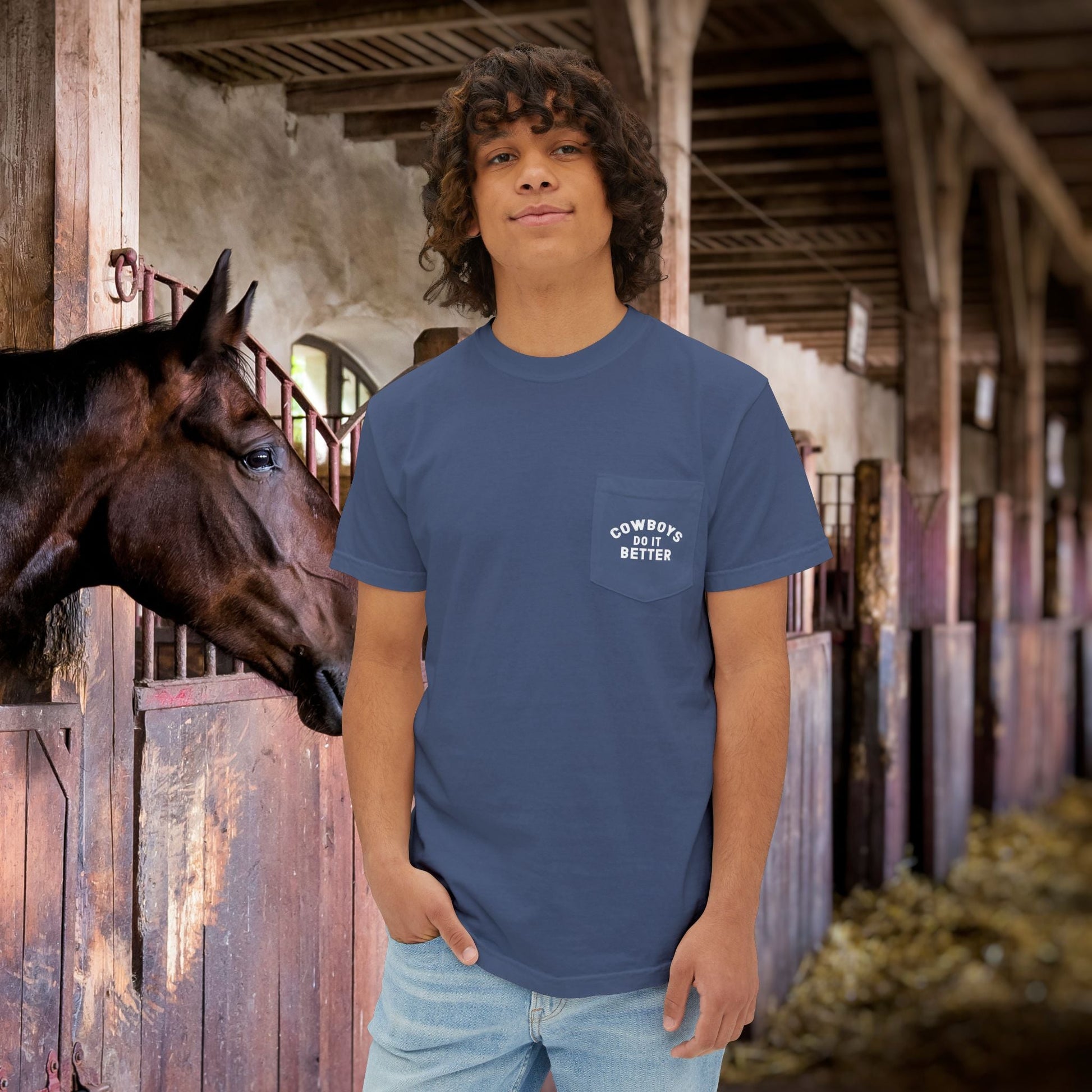 Cutting Horse Pocket T-Shirt – Comfort Colors Cowboy Rancher Art Tee - FlooredByArt