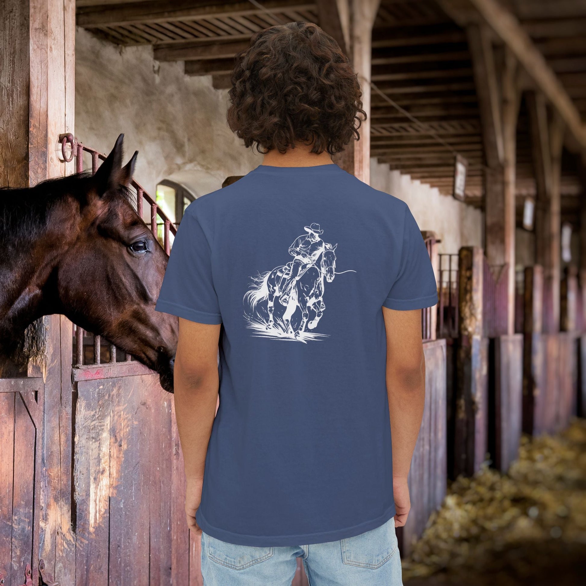 Cutting Horse Pocket T-Shirt – Comfort Colors Cowboy Rancher Art Tee - FlooredByArt