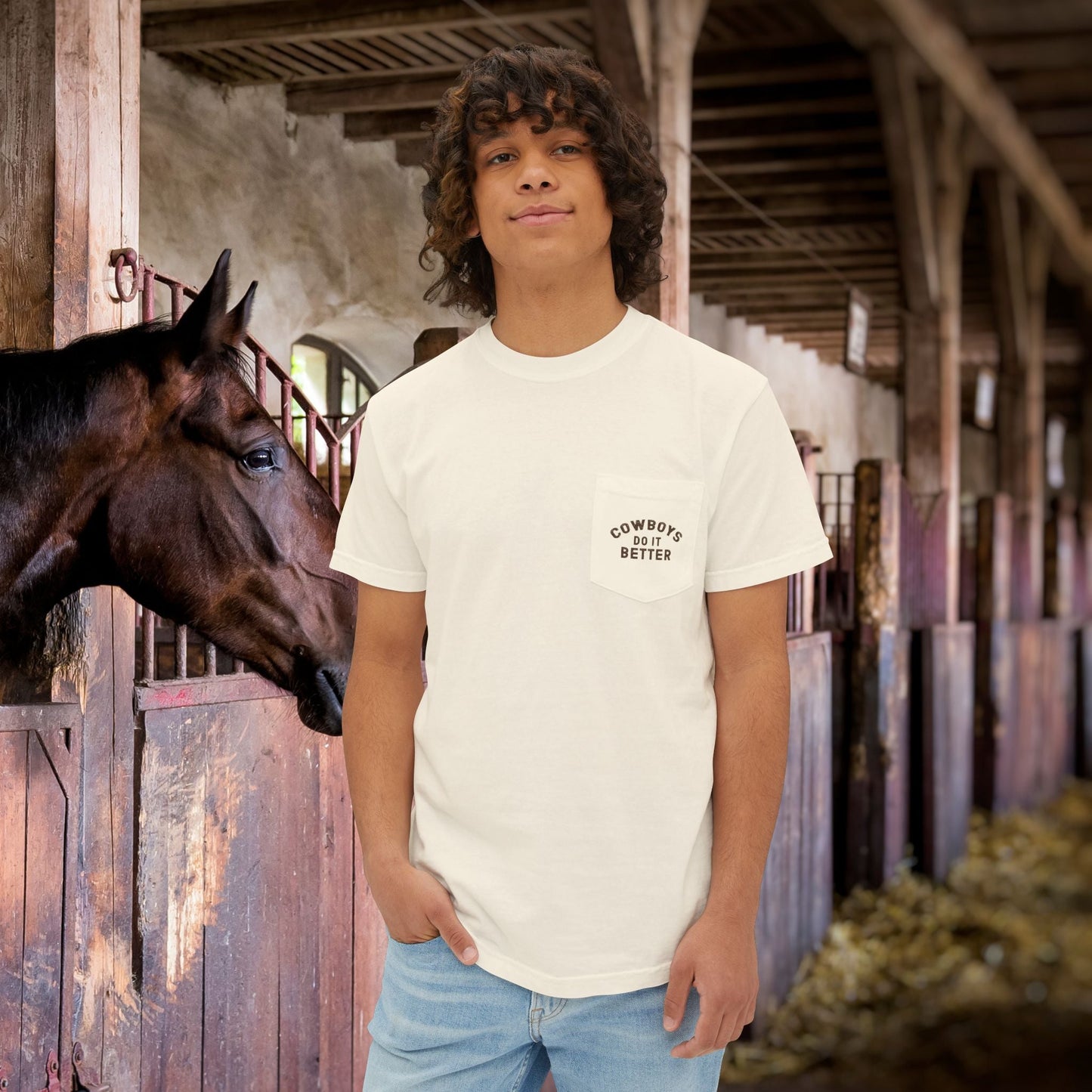 Cutting Horse Pocket T-Shirt – Comfort Colors Cowboy Rancher Art Tee - FlooredByArt
