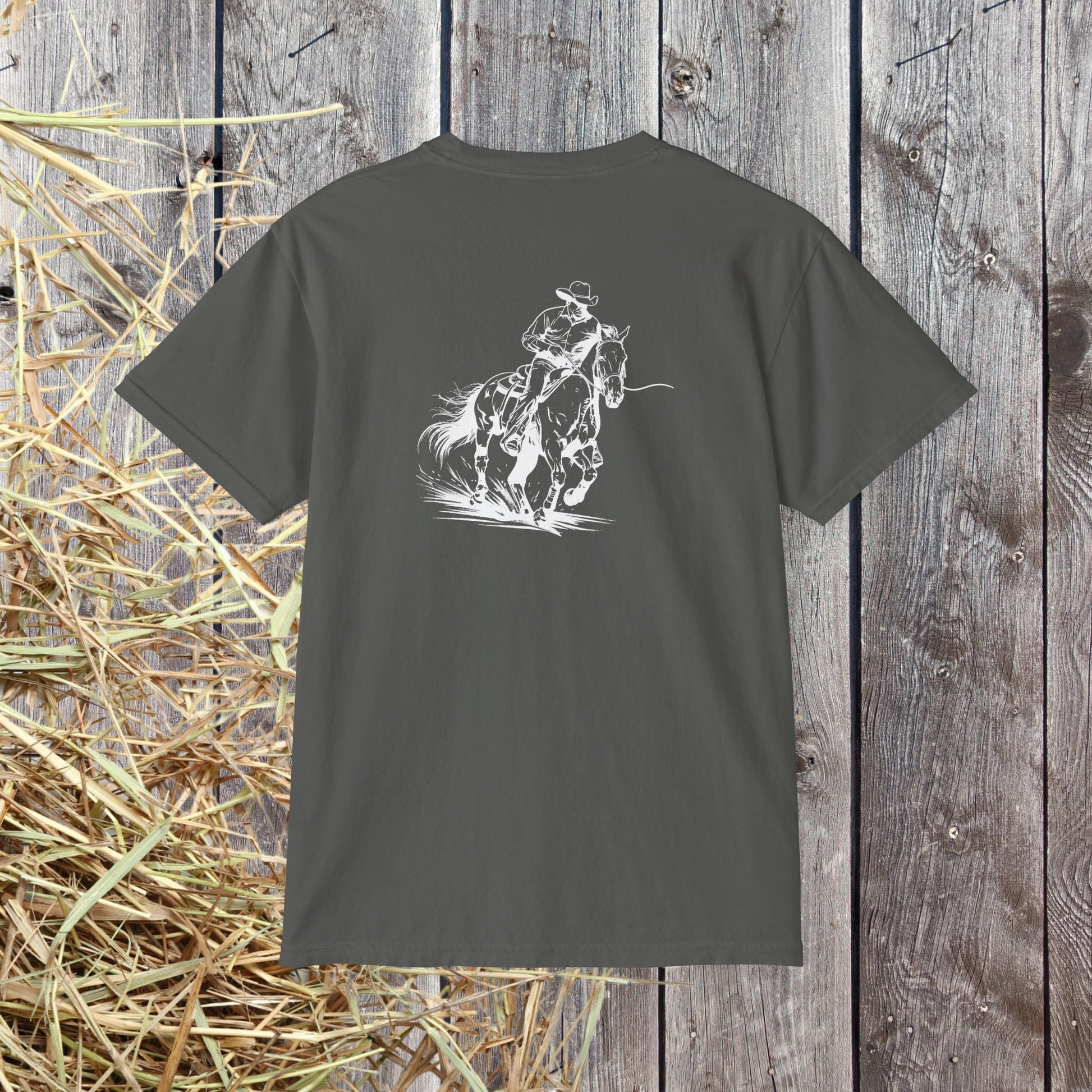 Cutting Horse Pocket T-Shirt – Comfort Colors Cowboy Rancher Art Tee - FlooredByArt
