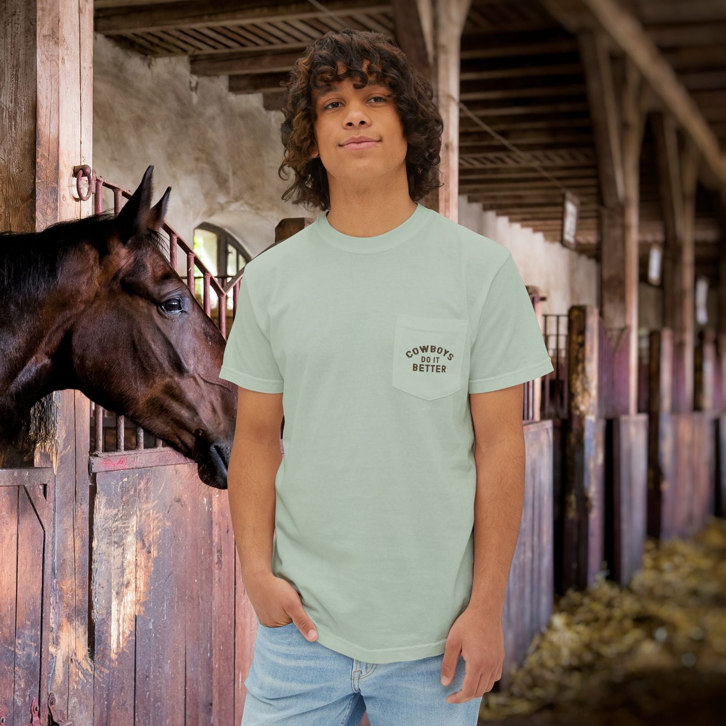 Cutting Horse Pocket T-Shirt – Comfort Colors Cowboy Rancher Art Tee - FlooredByArt