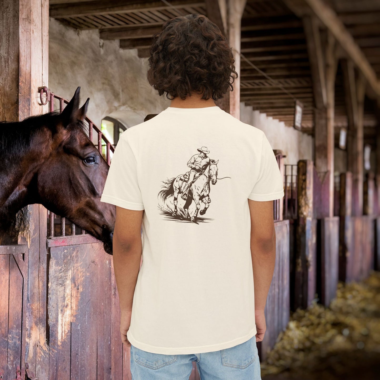 Cutting Horse Pocket T-Shirt – Comfort Colors Cowboy Rancher Art Tee - FlooredByArt