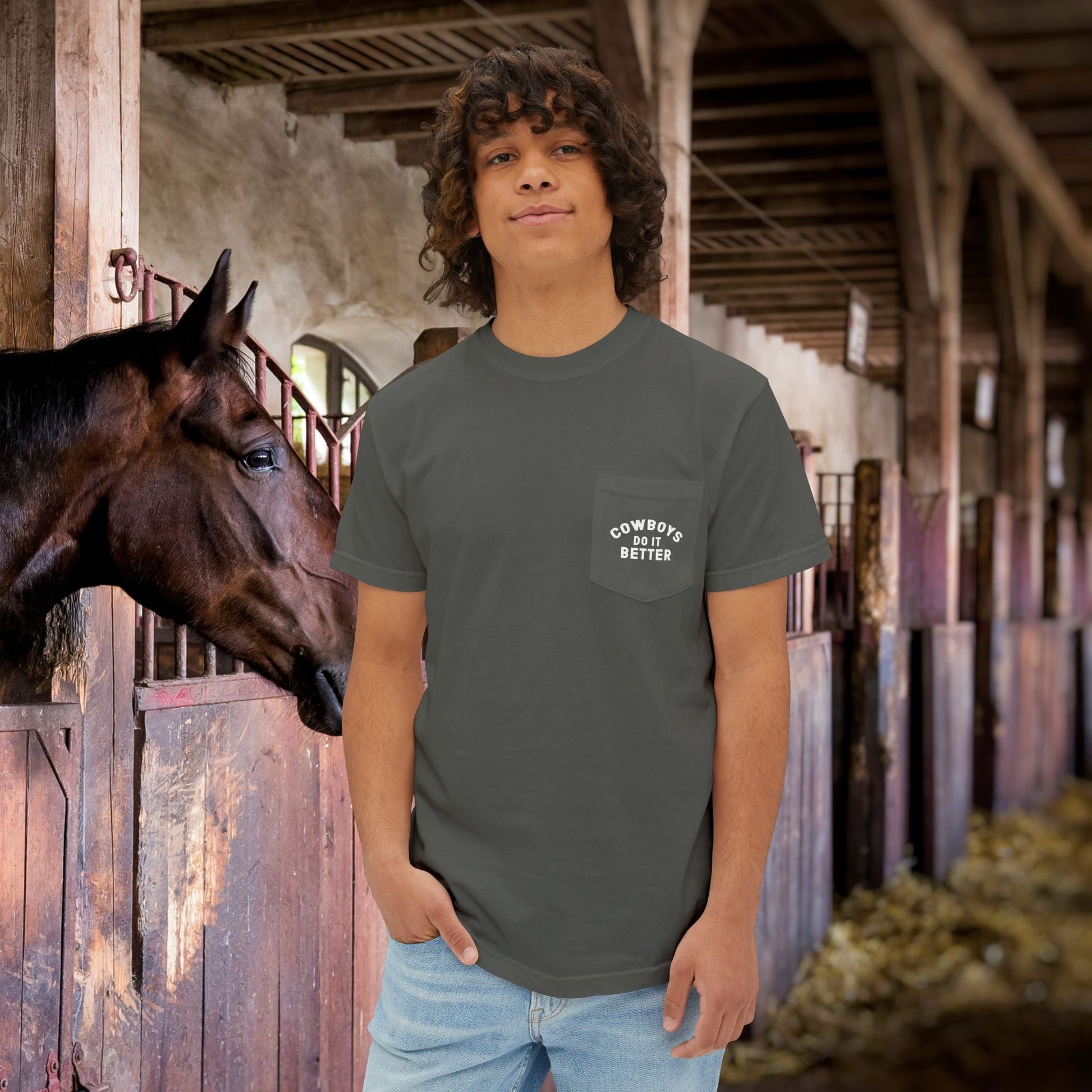 Cutting Horse Pocket T-Shirt – Comfort Colors Cowboy Rancher Art Tee - FlooredByArt