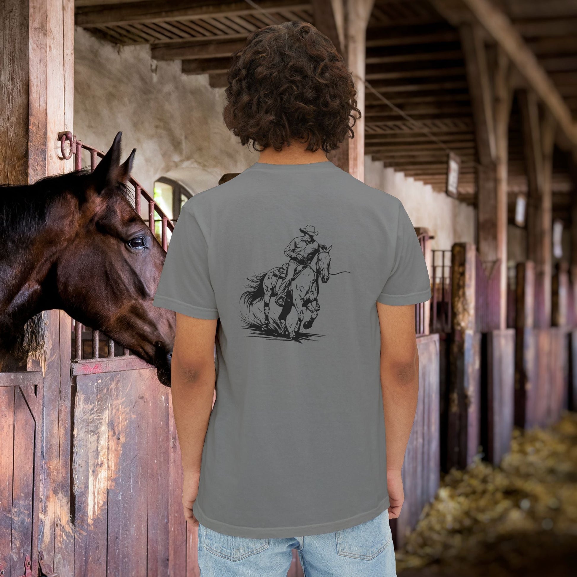 Cutting Horse Pocket T-Shirt – Comfort Colors Cowboy Rancher Art Tee - FlooredByArt