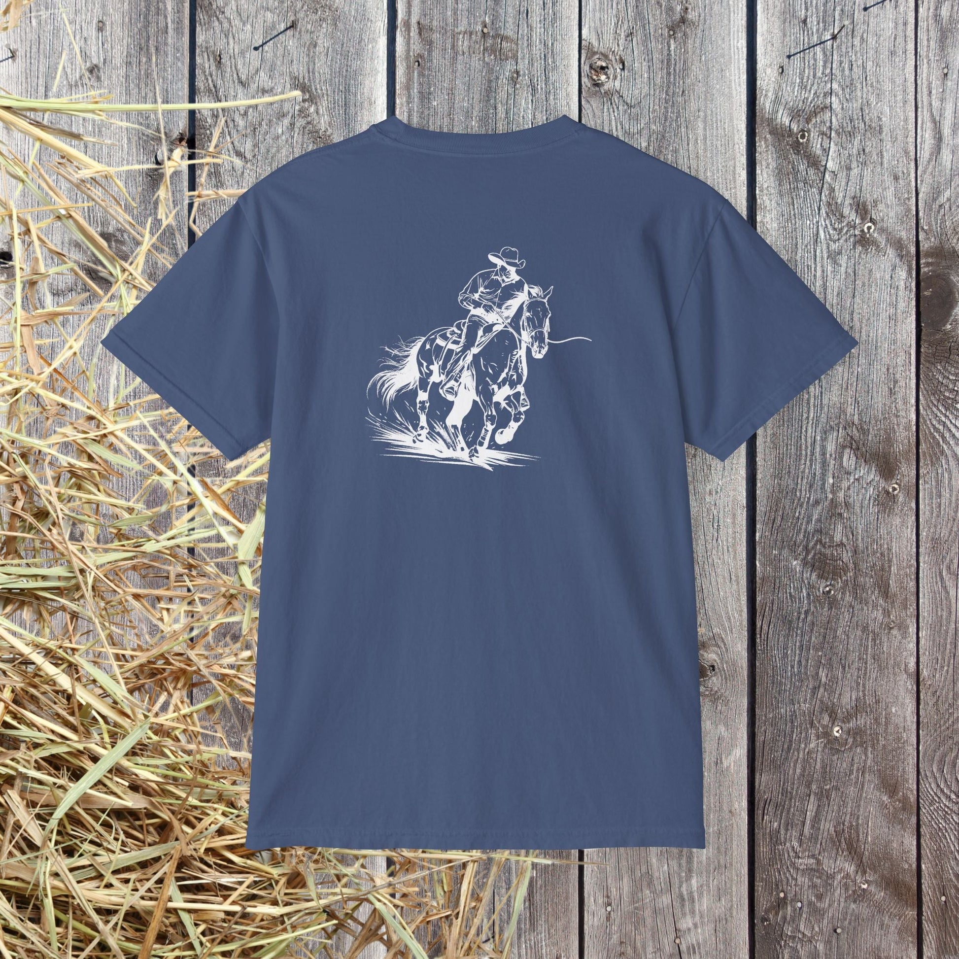 Cutting Horse Pocket T-Shirt – Comfort Colors Cowboy Rancher Art Tee - FlooredByArt