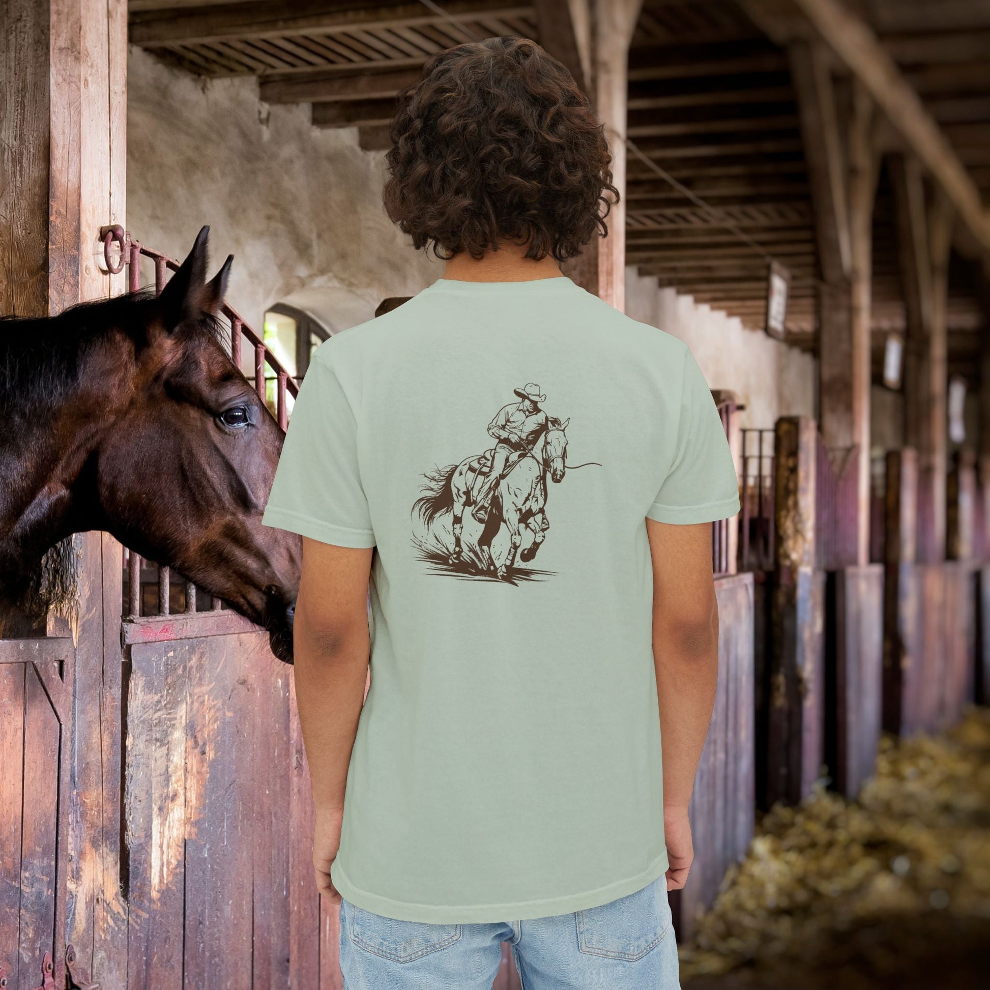 Cutting Horse Pocket T-Shirt – Comfort Colors Cowboy Rancher Art Tee - FlooredByArt