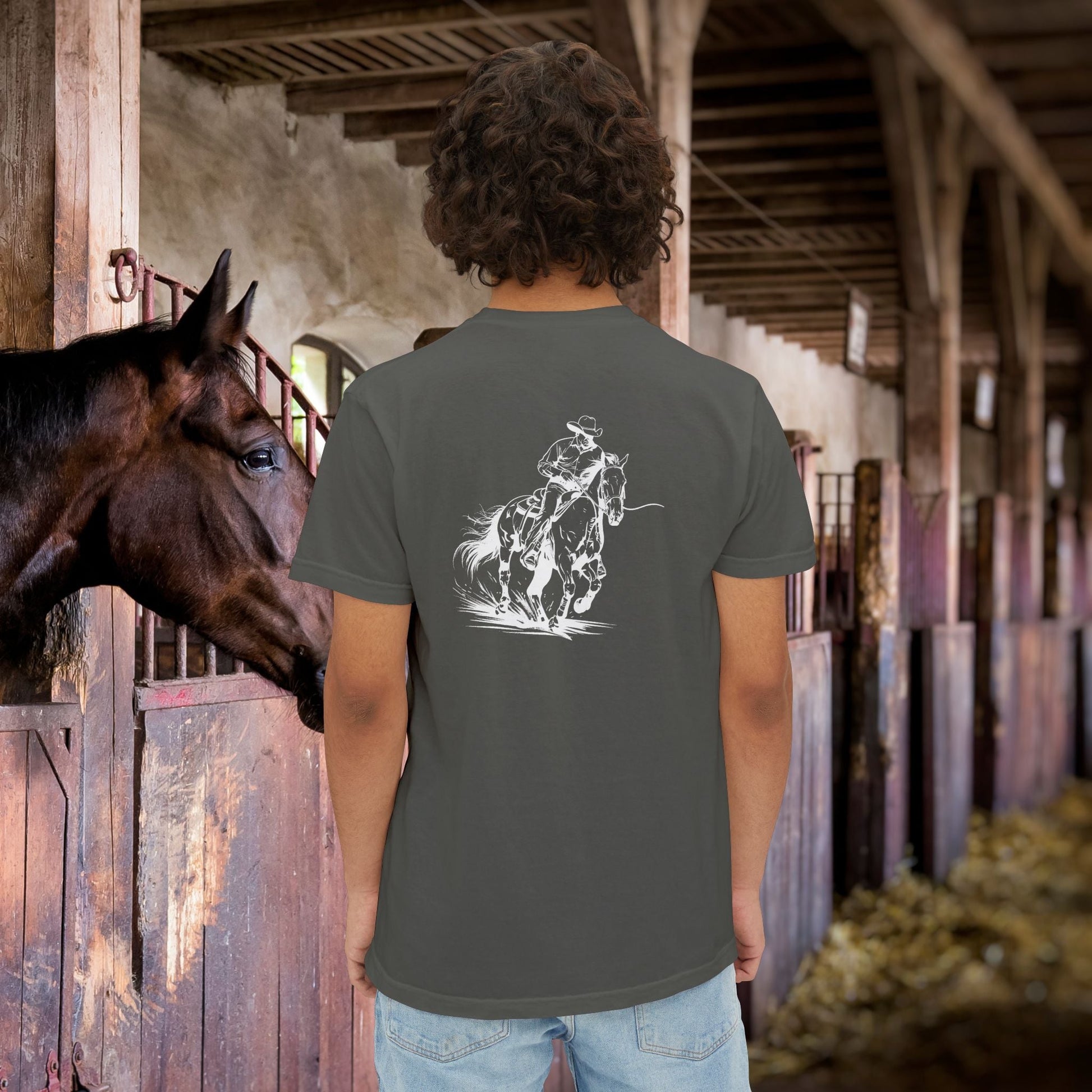 Cutting Horse Pocket T-Shirt – Comfort Colors Cowboy Rancher Art Tee - FlooredByArt