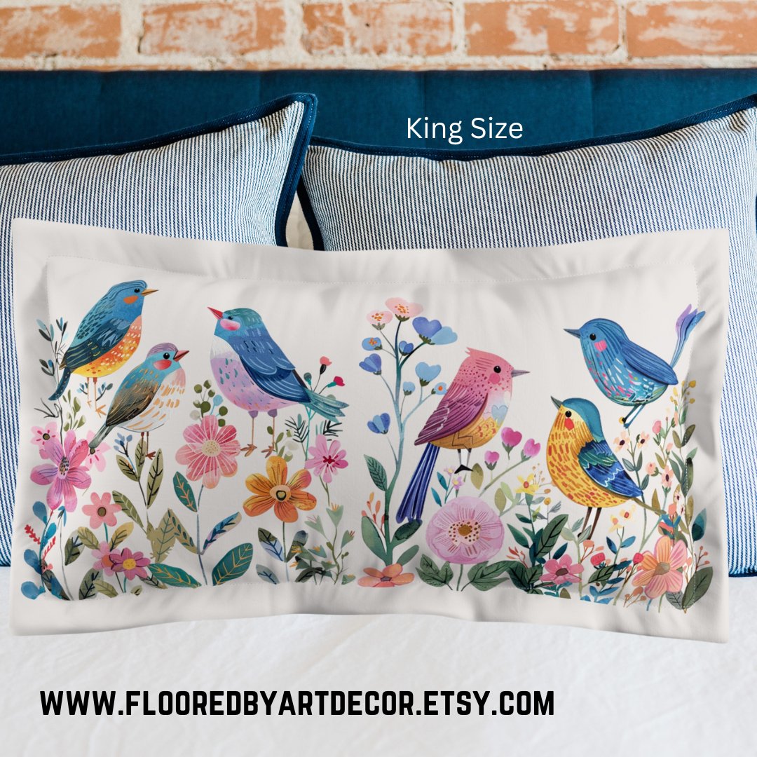 Decorative Garden Bird Accent Pillow Sham, Watercolor Painting Pillow Sham, Garden Colorful Accent - FlooredByArt