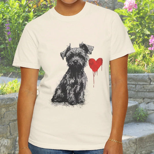 Dog T - shirt, Dog with Heart, Dog Love, Poster Art Style Illustration, Dog Shirt, Perfect for Art and Dog Lovers, Gift for Dog Mom or Dog Dad - FlooredByArt