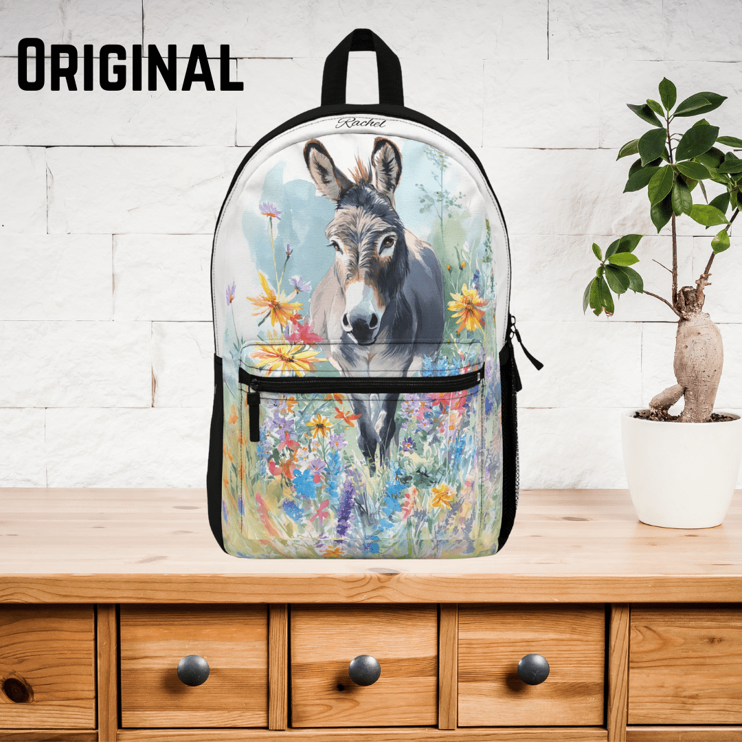 Donkey & Wildflowers Backpack - Personalized Fall School Bag, Cute Animal Art - FlooredByArt
