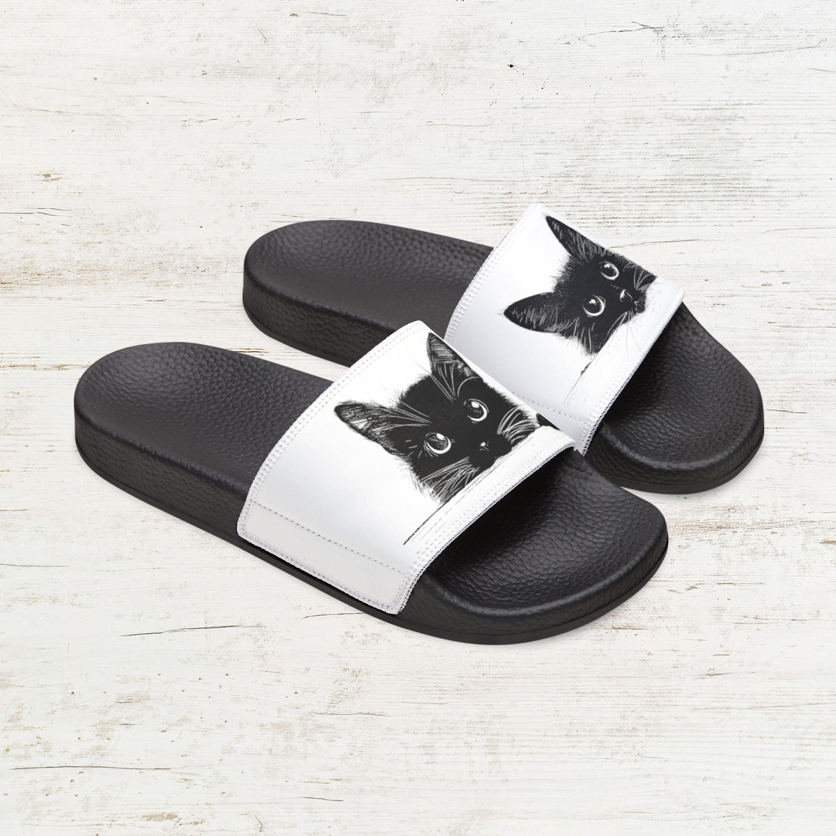 Double Cute Black Cat Art Slide Sandals, Women & Girls Two Black Cat Slip-on Shoes - FlooredByArt