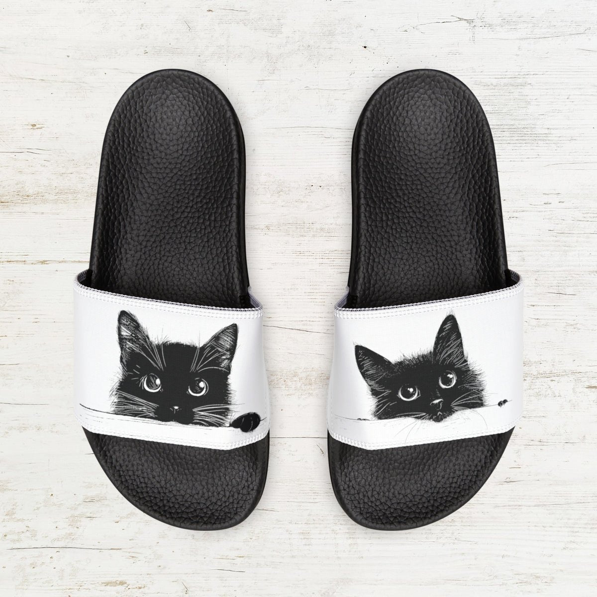 Double Cute Black Cat Art Slide Sandals, Women & Girls Two Black Cat Slip-on Shoes - FlooredByArt