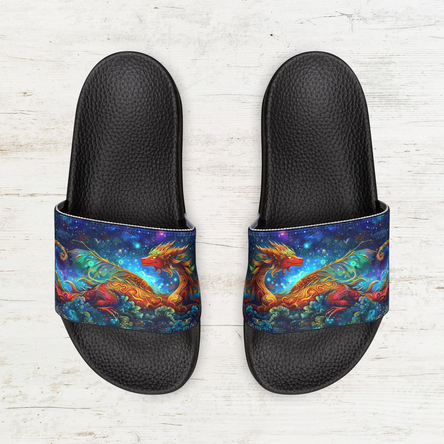 Dragon Art Slide Sandals, Dragon in Cloud, Adult, Youth Sizes, Easy, Comfortable - FlooredByArt