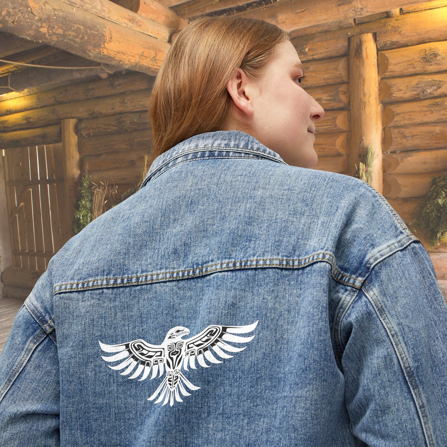 Eagle Thunderbird Jean Jacket, Cotton Denim Native American Style Spirit Animal - FlooredByArt