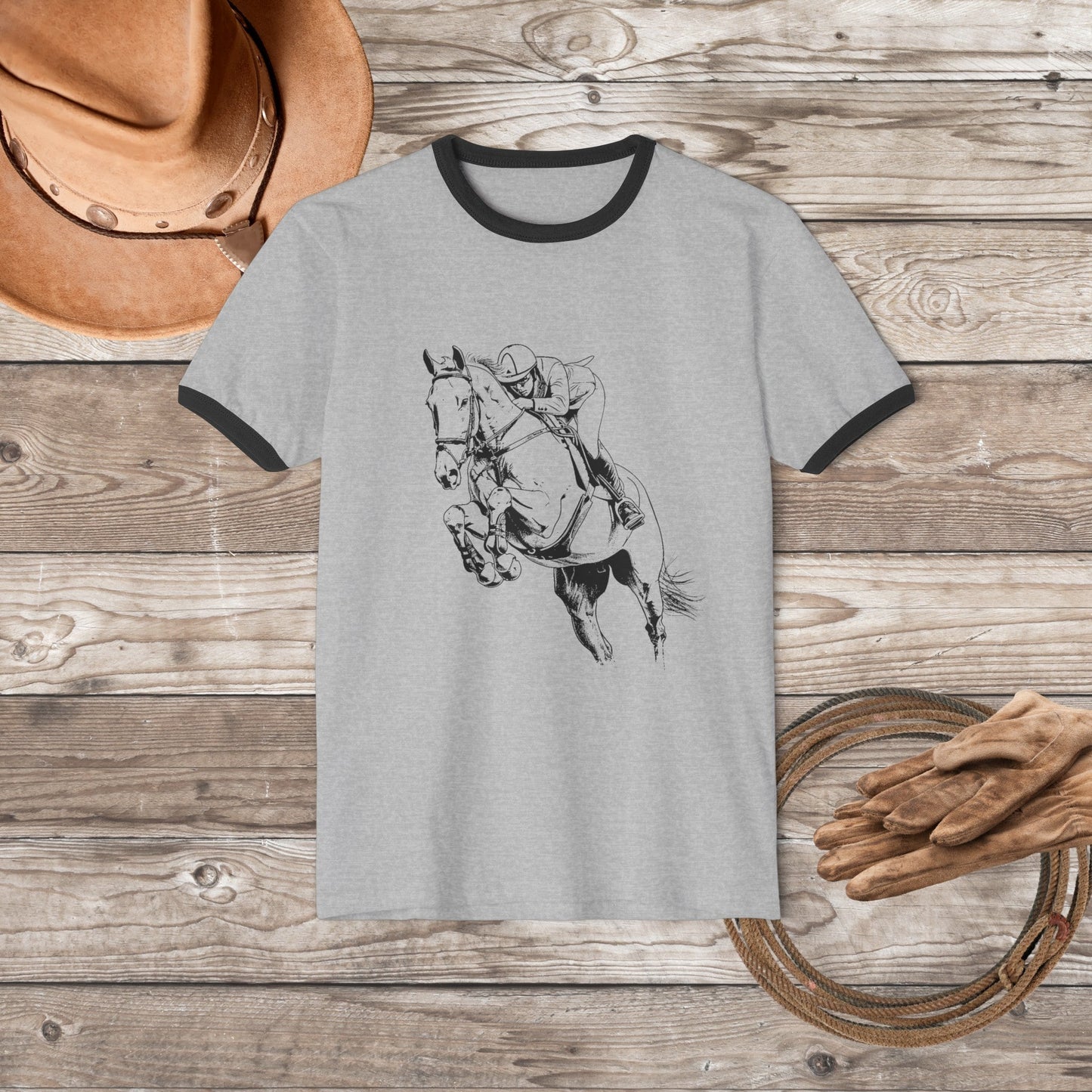Equestrian T-shirt, Hunter Jumper Banded Cotton Ringer Shirt, Equestrian Shirt - FlooredByArt