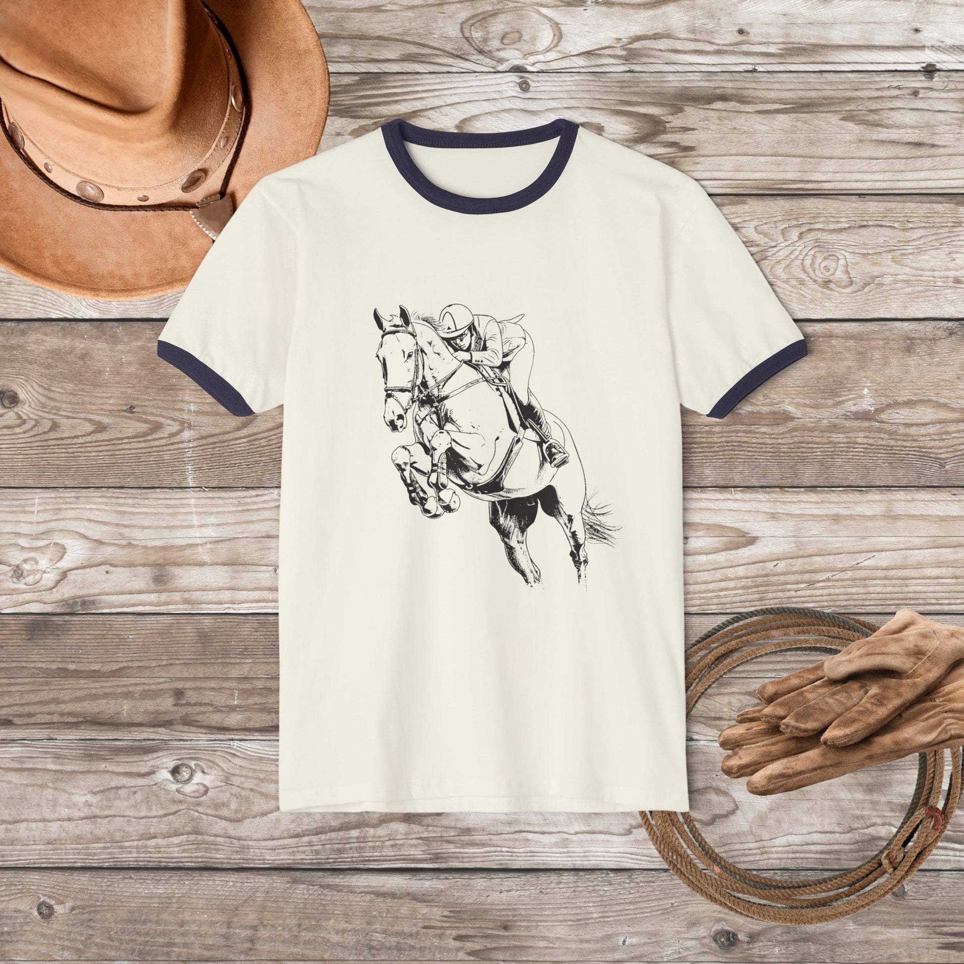 Equestrian T-shirt, Hunter Jumper Banded Cotton Ringer Shirt, Equestrian Shirt - FlooredByArt