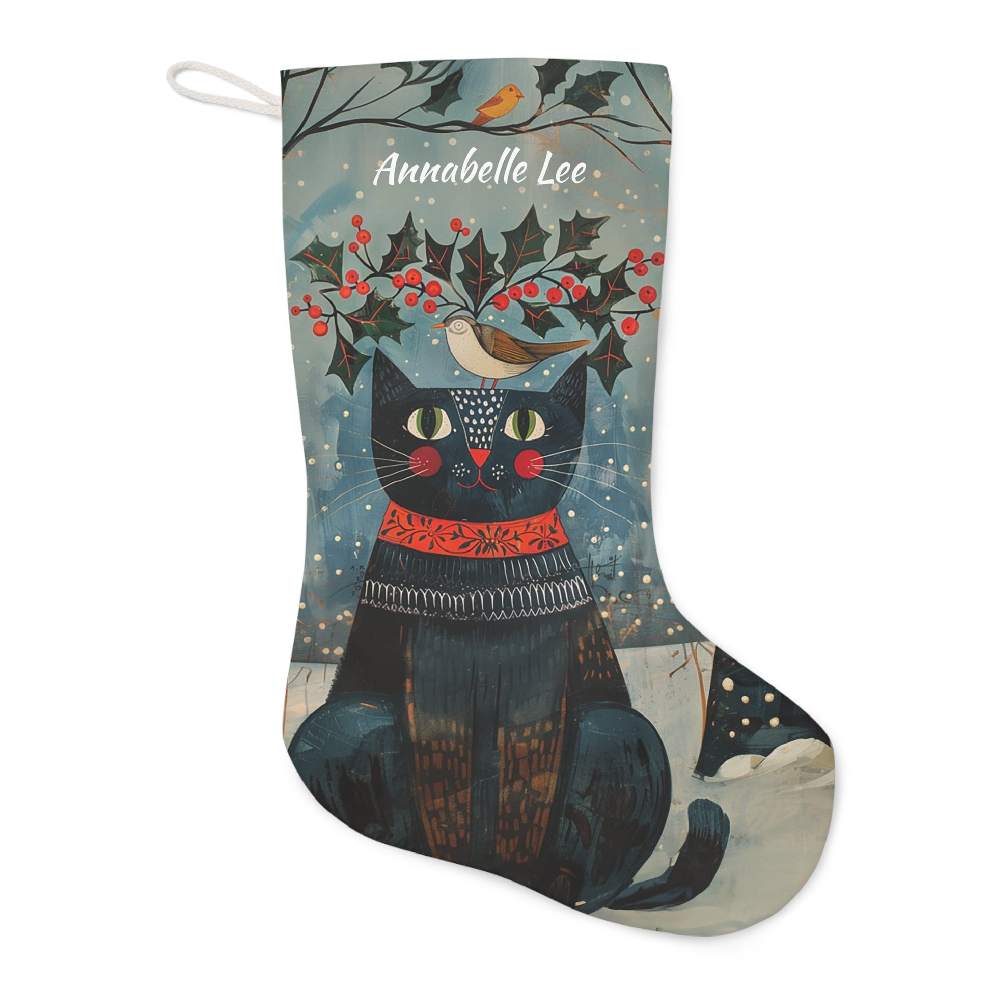 Ex - Large Folk Art Christmas Stocking - Black Cat in Snow with Bird - FlooredByArt