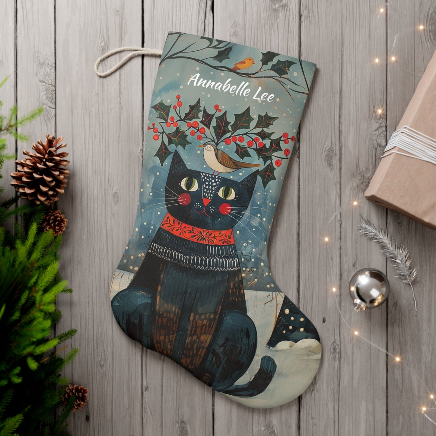 Ex - Large Folk Art Christmas Stocking - Black Cat in Snow with Bird - FlooredByArt