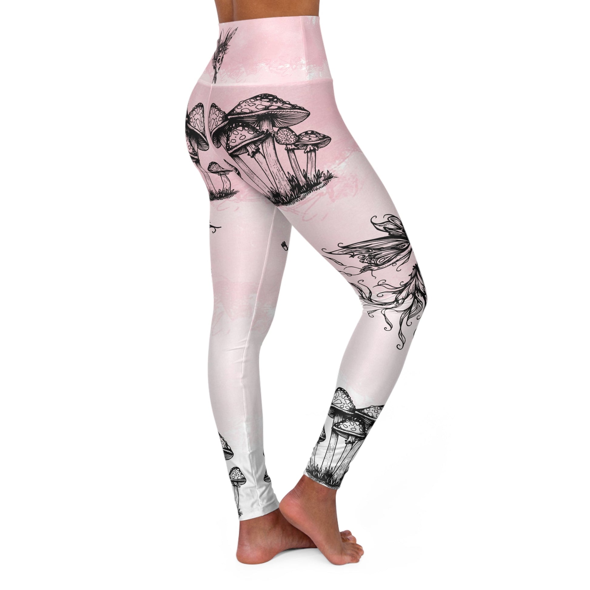 Fairy Mushroom Art Leggings, Beautiful Fairies on High Waisted Yoga Art Leggings - FlooredByArt