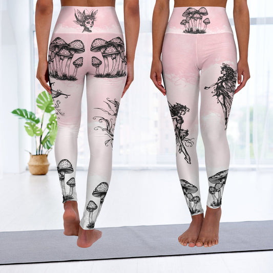 Fairy Mushroom Art Leggings, Beautiful Fairies on High Waisted Yoga Art Leggings - FlooredByArt