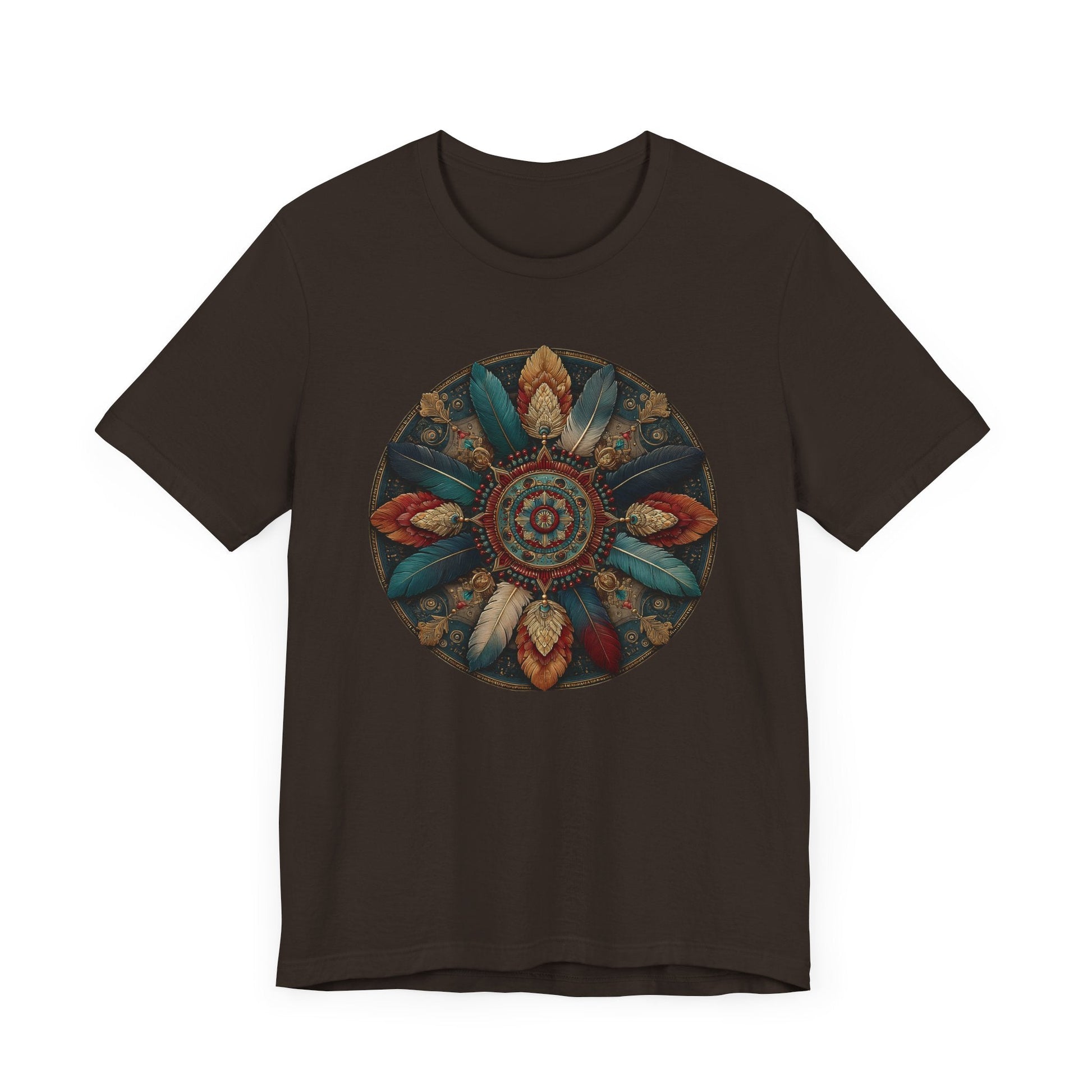 Feather Mandala T-Shirt –Native American Boho Tribute Art Tee in Rich Earthy Colors - FlooredByArt