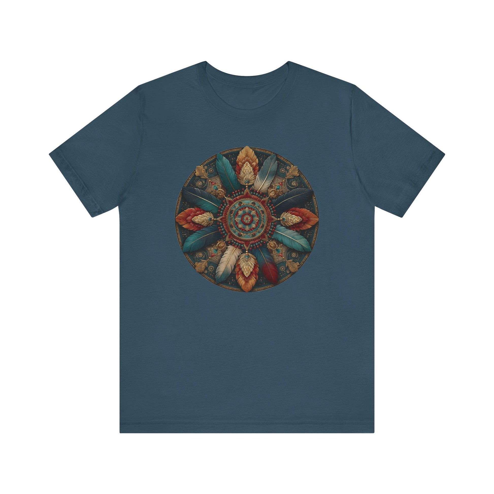 Feather Mandala T-Shirt –Native American Boho Tribute Art Tee in Rich Earthy Colors - FlooredByArt