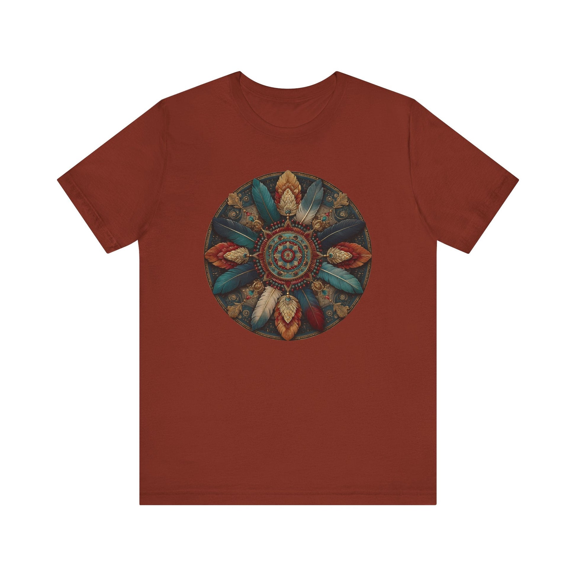 Feather Mandala T-Shirt –Native American Boho Tribute Art Tee in Rich Earthy Colors - FlooredByArt