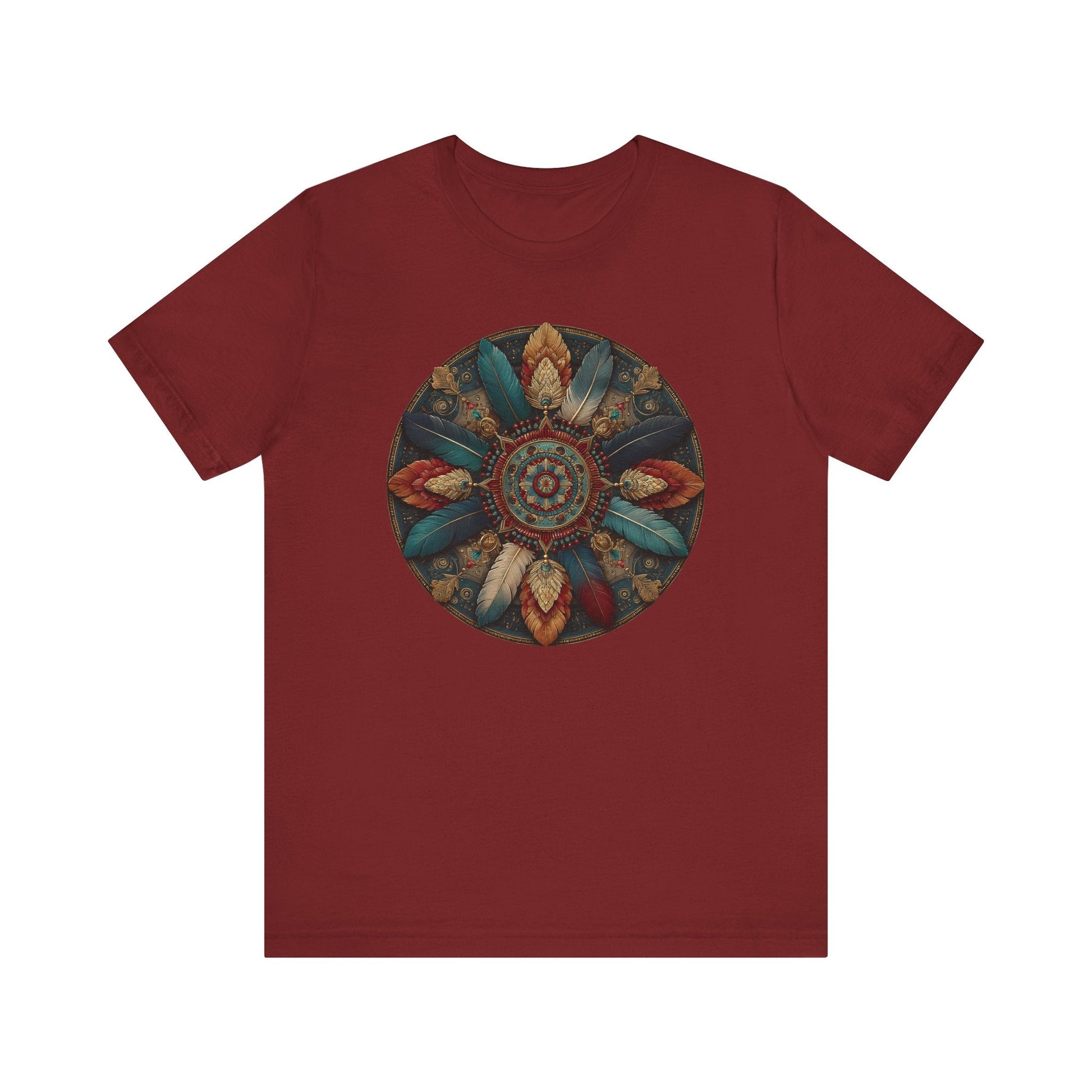 Feather Mandala T-Shirt –Native American Boho Tribute Art Tee in Rich Earthy Colors - FlooredByArt