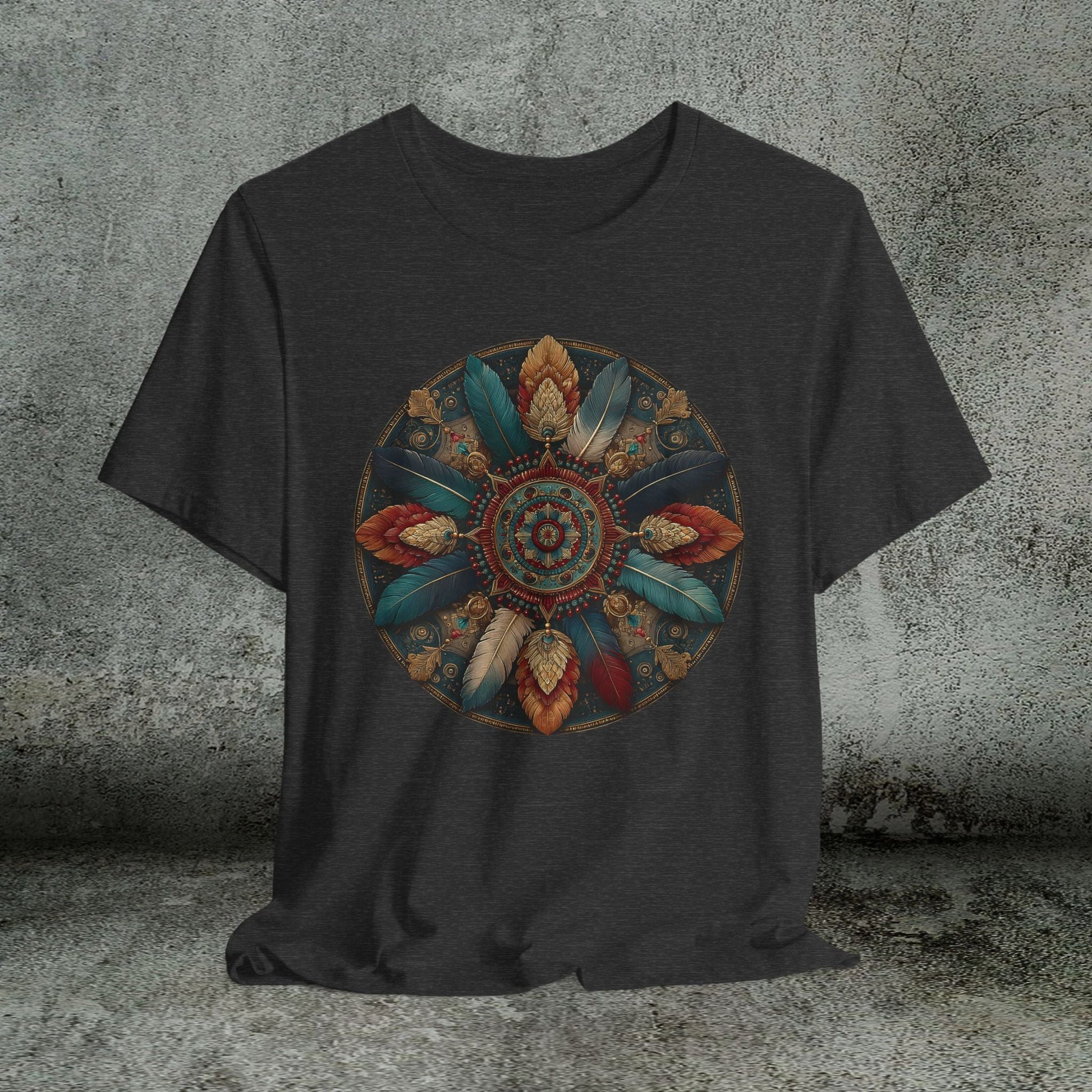 Feather Mandala T-Shirt –Native American Boho Tribute Art Tee in Rich Earthy Colors - FlooredByArt