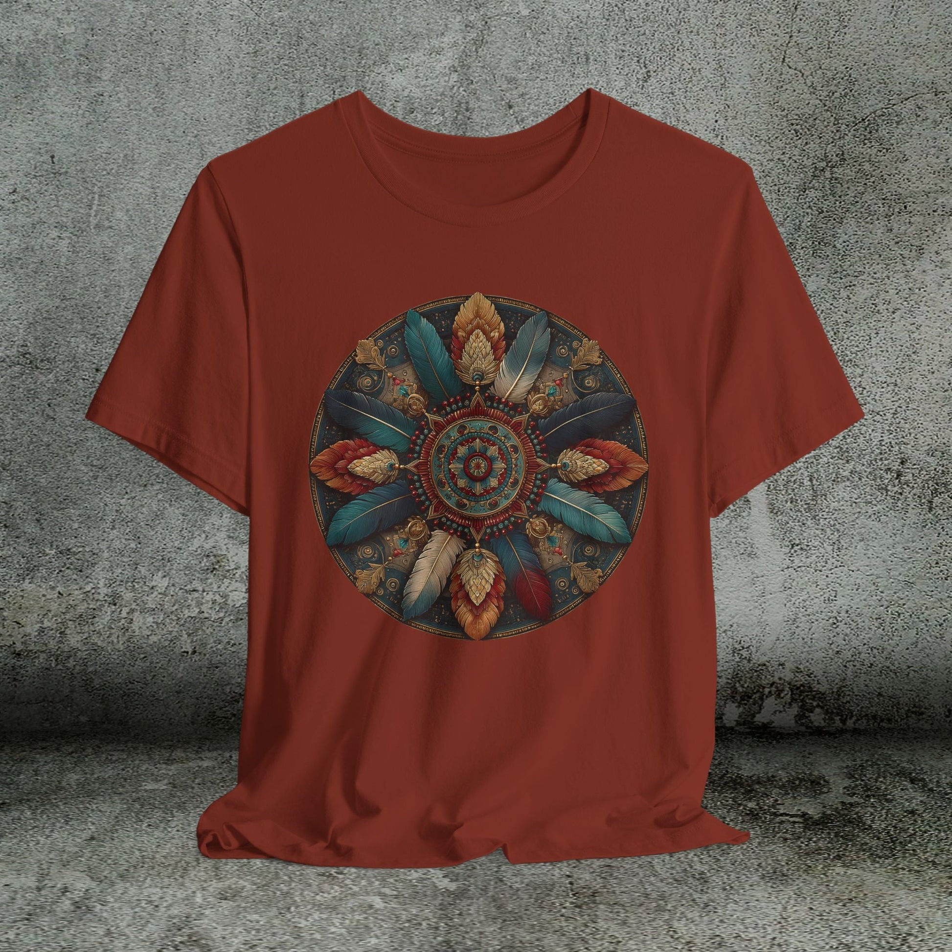 Feather Mandala T-Shirt –Native American Boho Tribute Art Tee in Rich Earthy Colors - FlooredByArt