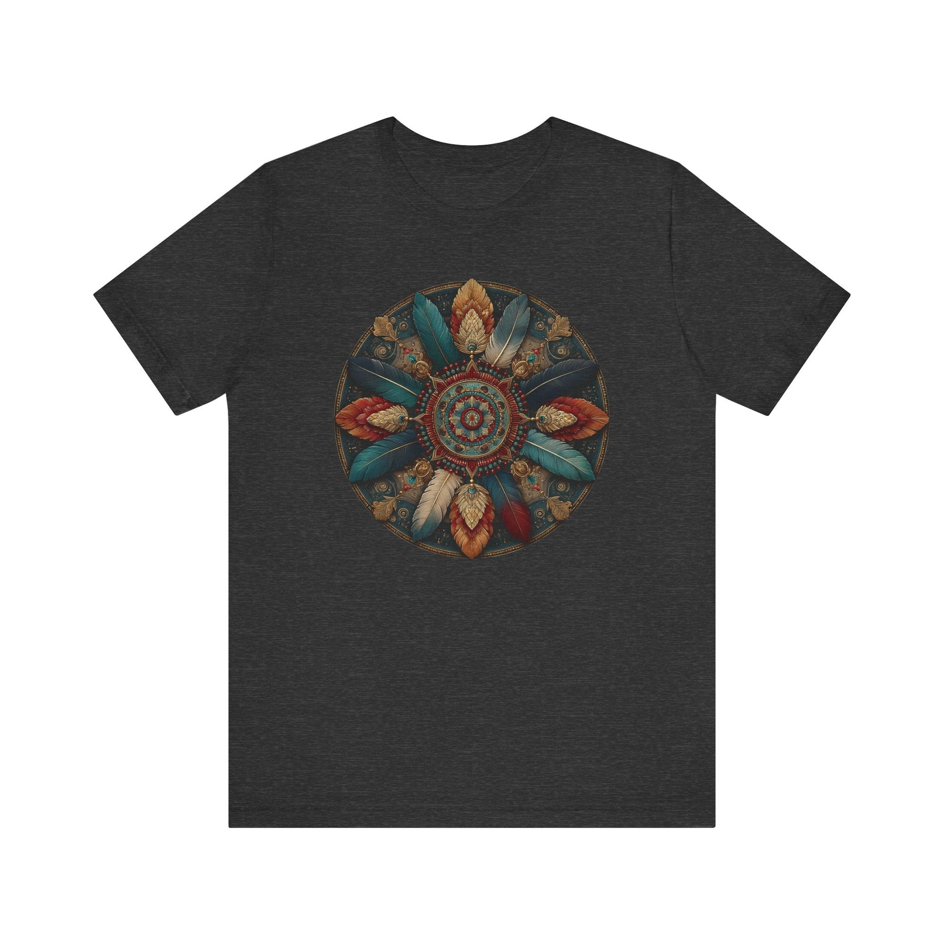 Feather Mandala T-Shirt –Native American Boho Tribute Art Tee in Rich Earthy Colors - FlooredByArt