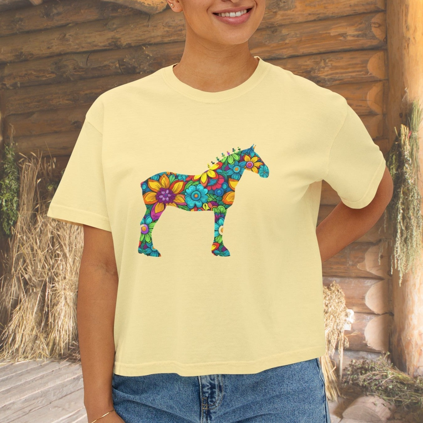 Floral Draft Horse on Crop Top T-shirt, Cute Floral Horse Shirt, Stylized Draft Horse T-Shirt Lover Owner, Floral Pattern Horse, Horse Mom - FlooredByArt