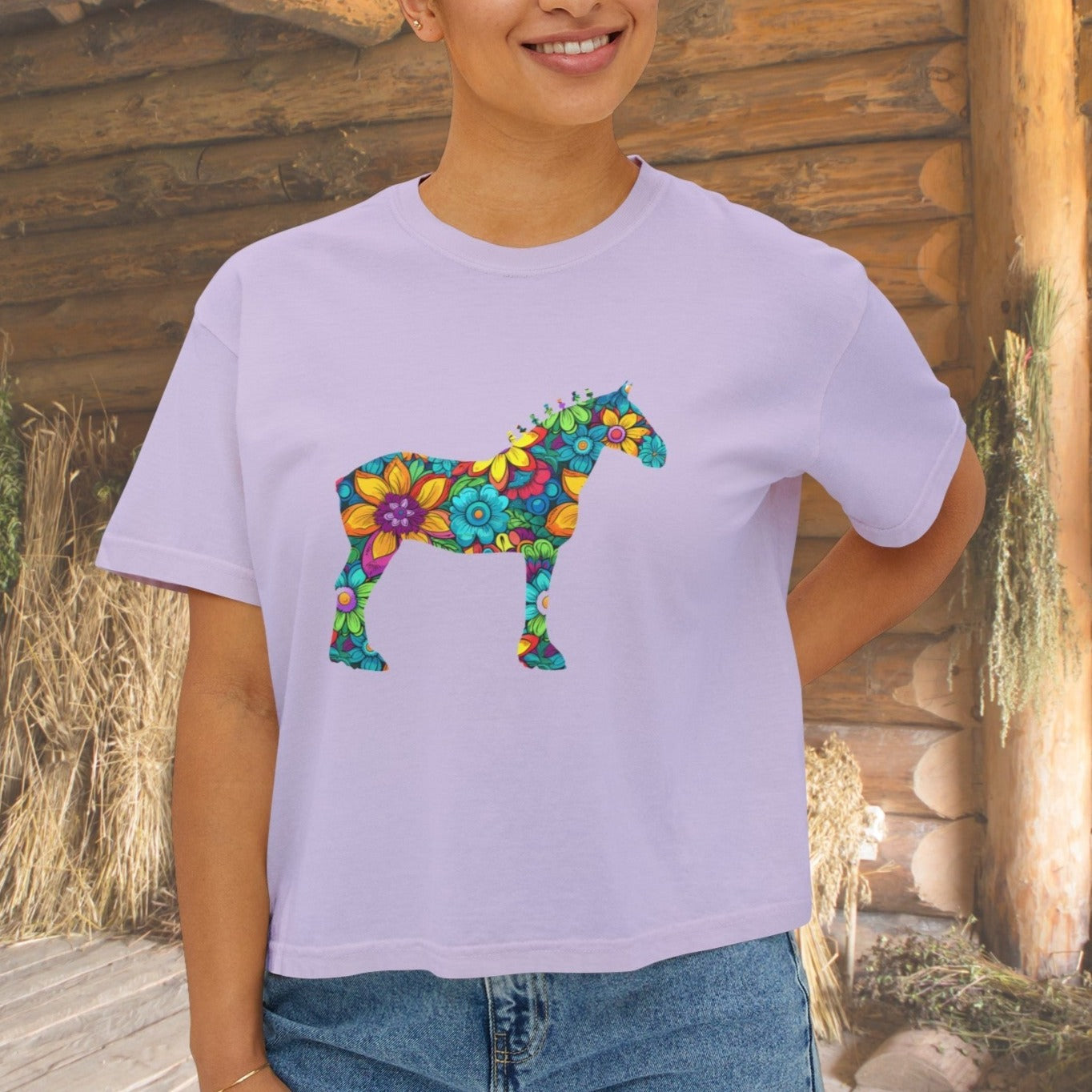 Floral Draft Horse on Crop Top T-shirt, Cute Floral Horse Shirt, Stylized Draft Horse T-Shirt Lover Owner, Floral Pattern Horse, Horse Mom - FlooredByArt