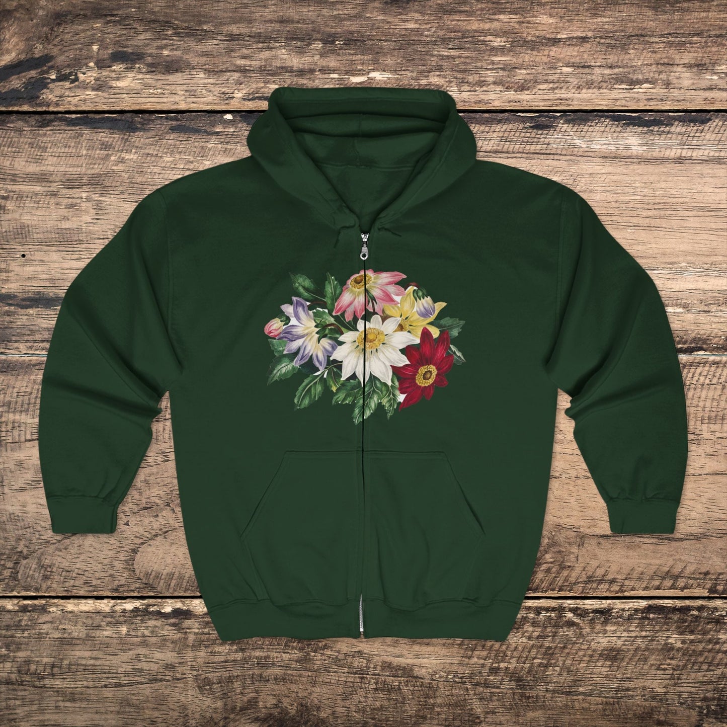 Floral Flowers Full Zip Hoodie - Sweatshirt Colorful Flower Art, Cozy for Art Lovers and Gardeners - FlooredByArt