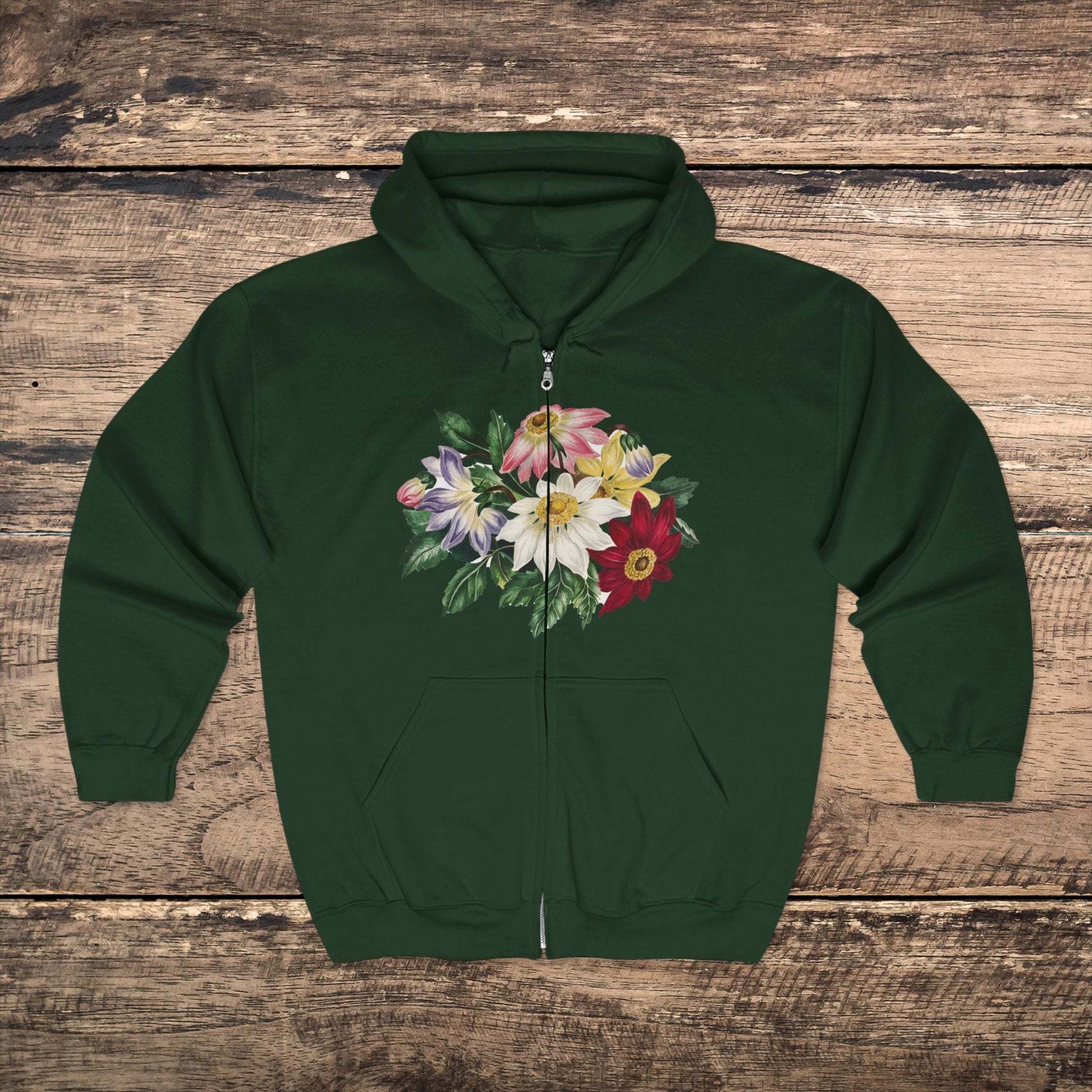 Floral Flowers Full Zip Hoodie - Sweatshirt Colorful Flower Art, Cozy for Art Lovers and Gardeners - FlooredByArt